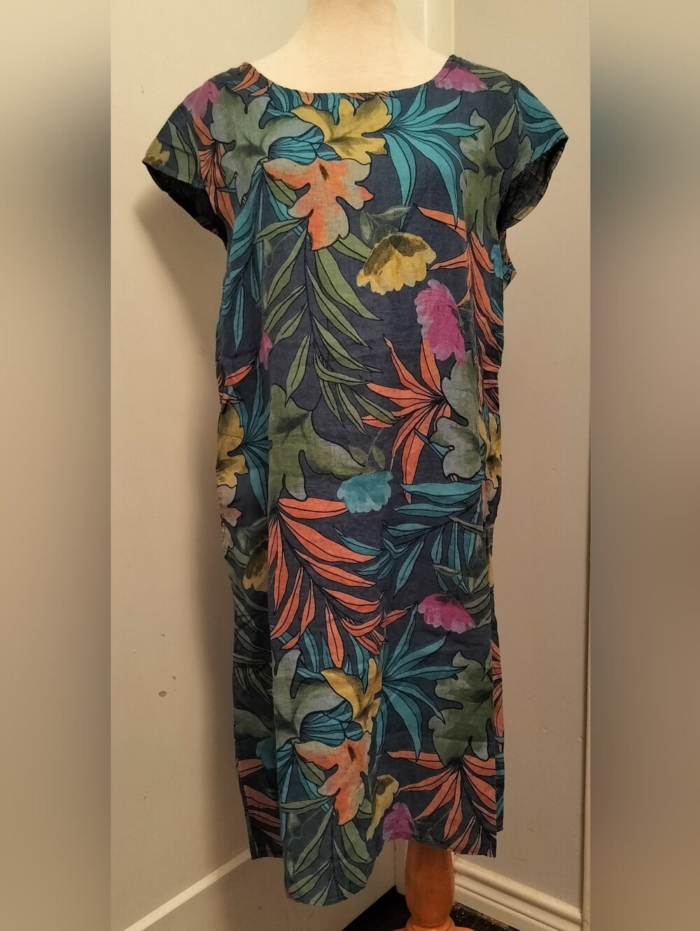 Washable Linen Tropical Floral Shift Dress in Navy with Multicolor Blooms